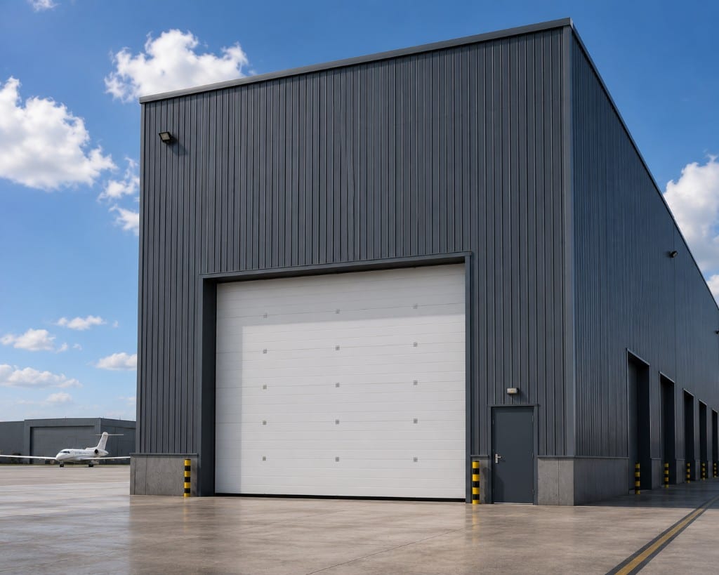 Dikey yataklama seksiyonel kapı — hangar girişinde kapalı konum, Pack Door uygulaması