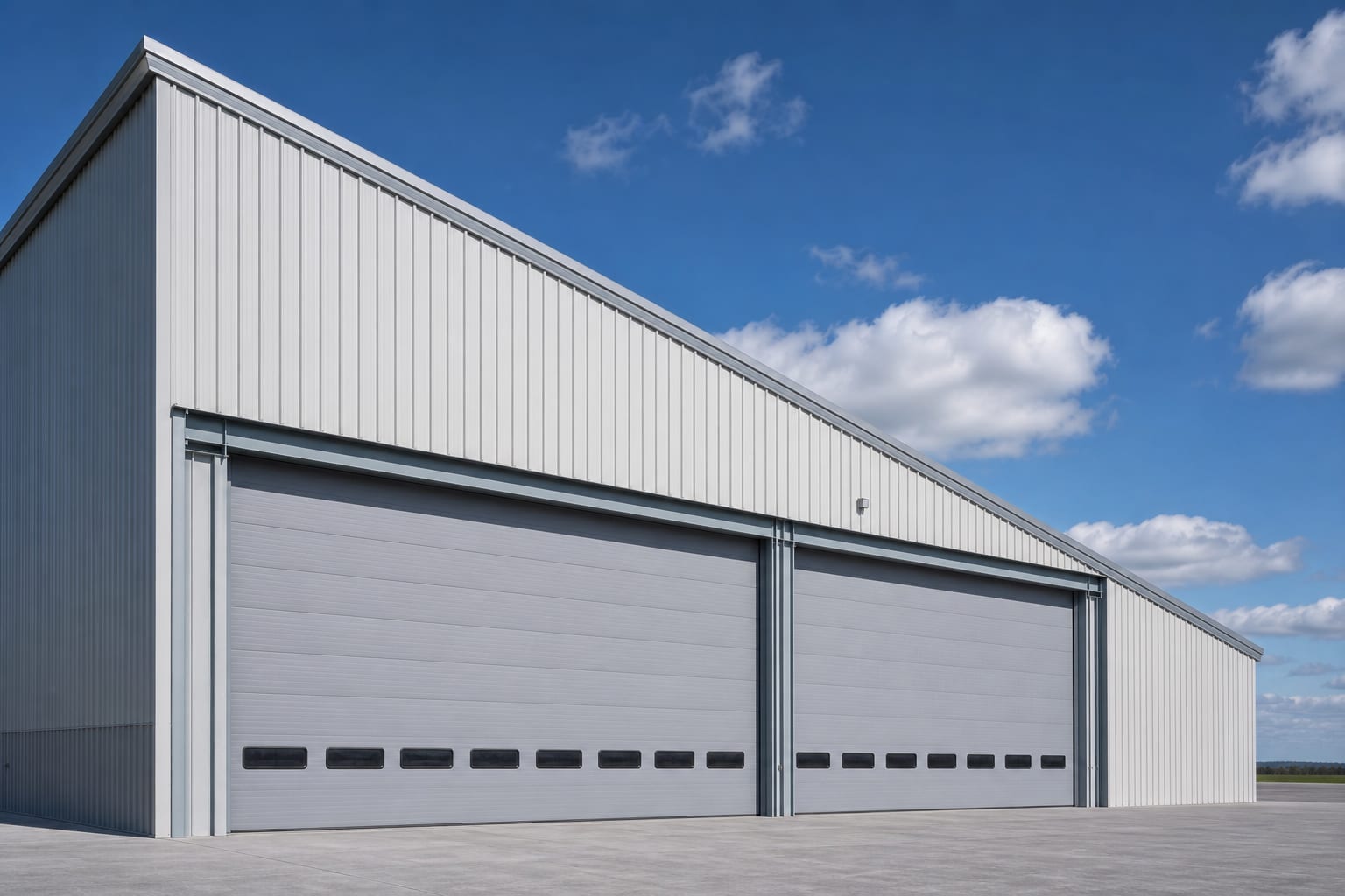 Eğimli çatılı hangar cephesinde kapalı yüksek yataklama seksiyonel kapı