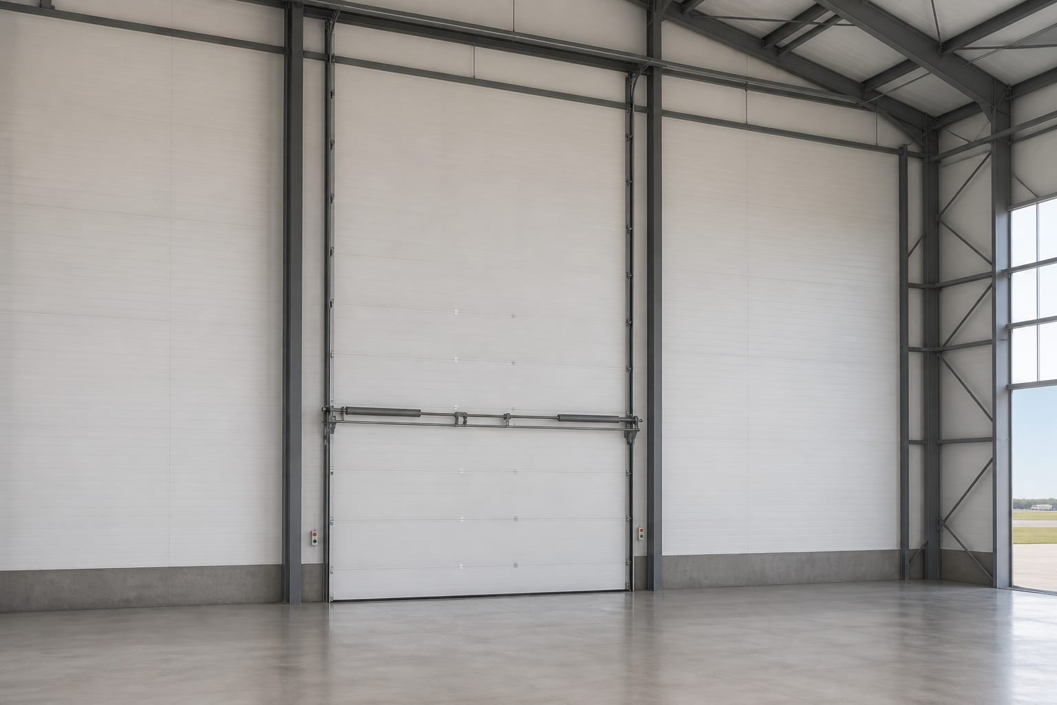 Geniş hangar açıklığında yüksek yataklama orta nokta yaylı seksiyonel kapı