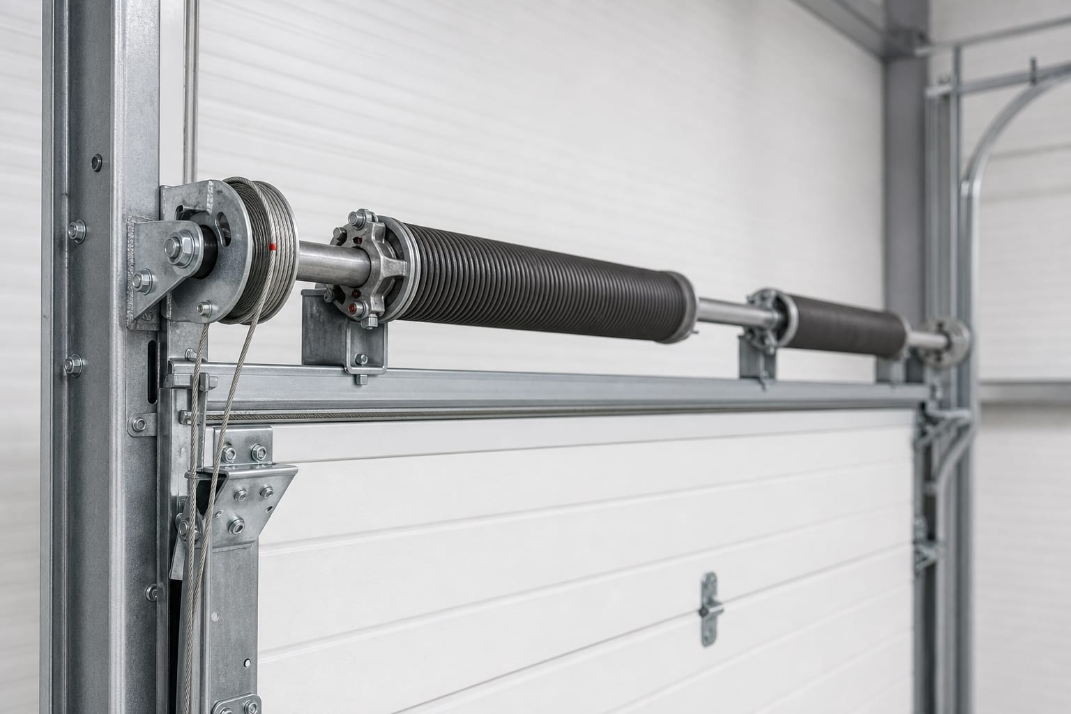 Orta nokta torsion spring şaftı, kablo tamburları ve high-lift dikey ray detayı