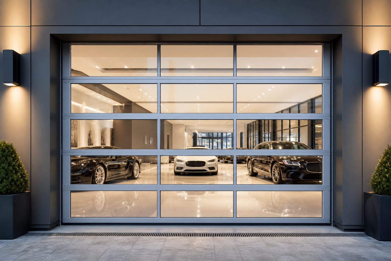 Tam görüş seksiyonel kapı — showroom alanında alüminyum çerçeve cam panel kapı