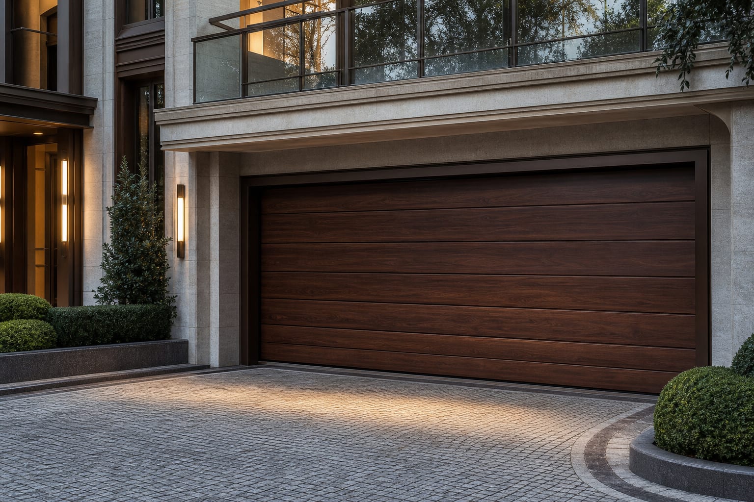 Koyu ceviz woodgrain panel, rezidans kapalı otopark girişinde seksiyonel garaj kapısı