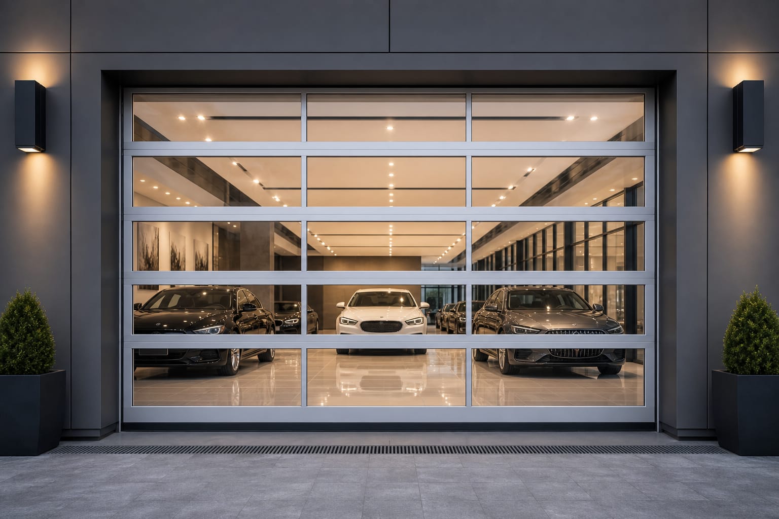 Otomotiv showroom girişinde tam görüş cam panel seksiyonel kapı uygulaması